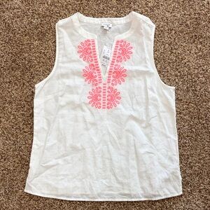 J. Crew White Sleeveless Tank with Neon Pink Embroidery